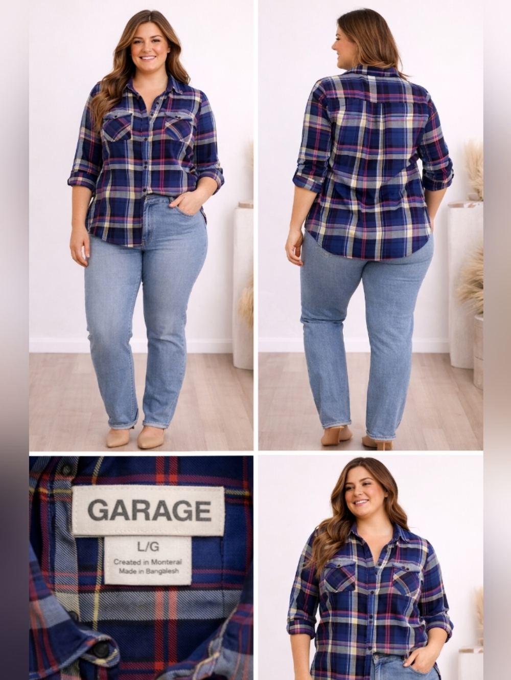 GARAGE Women's Navy Blue Plaid Button-Up Shirt